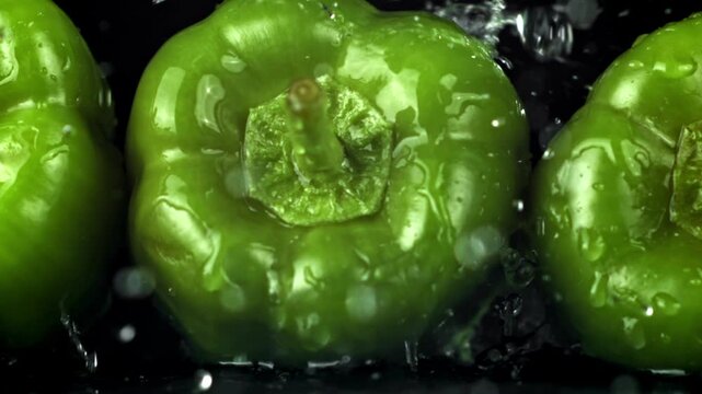 Two green bell peppers side by side with water droplets on glossy Filmed on a high-speed camera at 1000 fps.