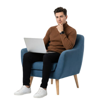 Young man sitting on blue chair with laptop on lap and hand on chin isolated on transparent background