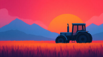 Obraz premium A sleek, self-driving tractor meticulously plants rows of colorful wildflowers in a barren desert, against a backdrop of a blazing orange sun