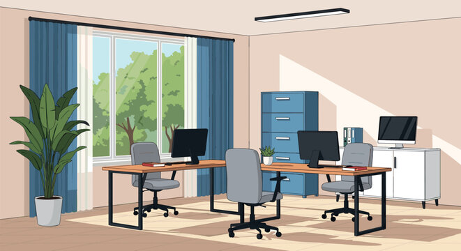 Modern Office Interior Illustration With Workstations Computers Chairs Storage Cabinets Large Windows And Productive Workspace Flat Vector