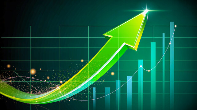Rising Profits: A vibrant green upward arrow soaring over a glowing stock market graph signifies exponential growth and financial success, illuminated by a sparkling light at its peak.