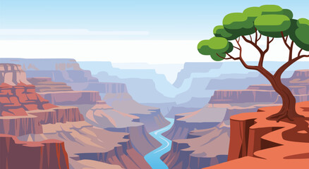 Stunning Grand Canyon vector illustration of a scenic landscape with a lone tree on a cliff edge, perfect for travel and nature themes © Purnomo