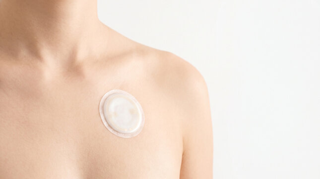 Circular temperature sensor below collarbone with pearlescent white finish