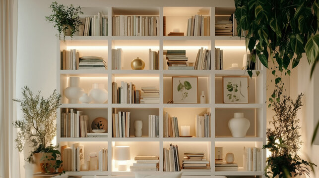 Bookshelf interior display with warm lighting and indoor plants zoom background. virtual meetings