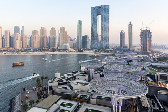 Dubai skyline on Bluewaters Island with JBR Beach and Dubai Marina aerial view from above