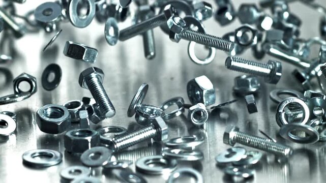 Large pile of washers and nuts under soft studio light, reflective Filmed on a high-speed camera at 1000 fps.