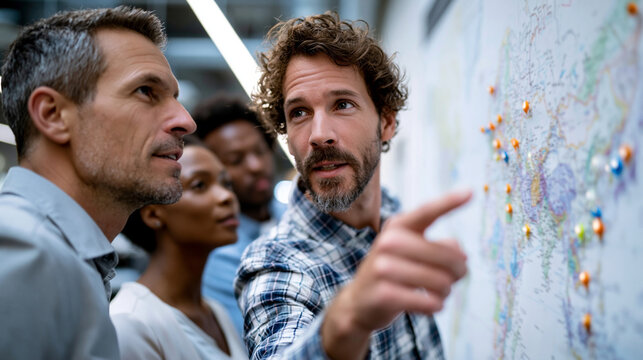 A realistic stock photo of three coworkers standing waist-up with backs to camera in front of large printed world map with location pins on modern office wall, one pointing at spec