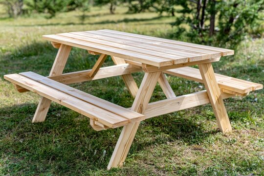 A sturdy, natural wood picnic table with attached benches set on a grassy lawn outdoors.