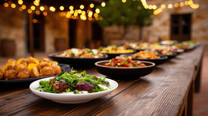 Obraz premium A long table laden with a variety of delicious food dishes, set outdoors with string lights overhead