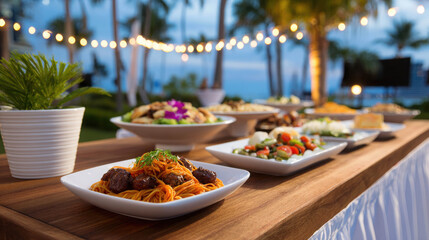 Fototapeta premium A delicious spread of food laid out on a wooden table, with a tropical background and festive string lights