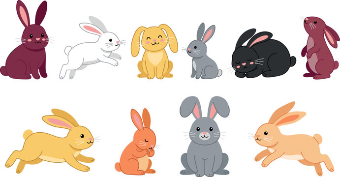 Cute bunny vector cartoon set with rabbit icons hopping sitting sleeping pets isolated on transparent checkered background