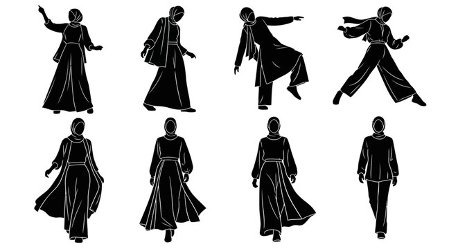 Set of Muslim women silhouettes in modest fashion poses