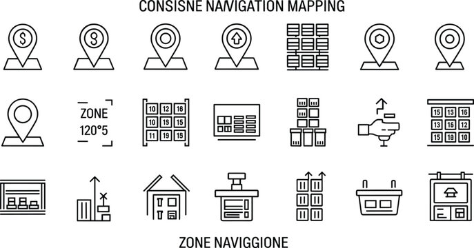Navigation mapping and location zone planning icon set featuring GPS markers grid layout direction routing vector outline collection