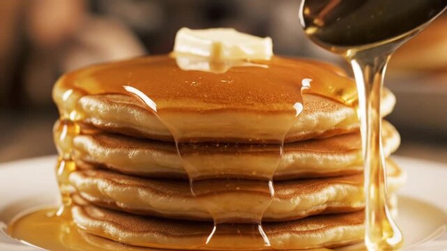 Stack of pancakes with dripping honey close up.