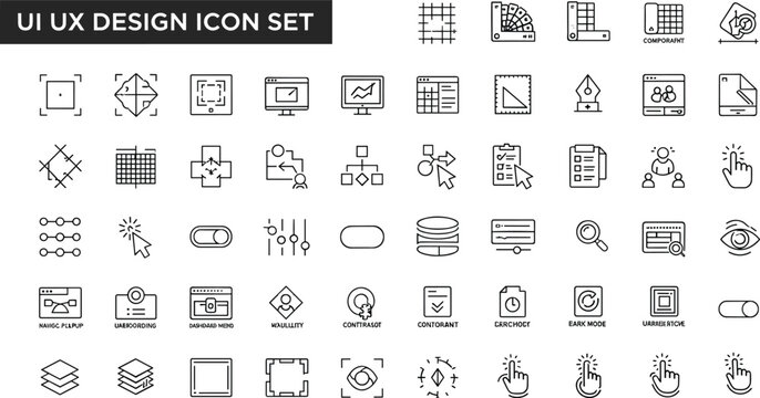 Modern UI UX design line icon set with interface wireframe prototyping user experience tools symbols editable stroke vector collection