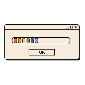Retro Y2K computer popup window interface layout with rainbow progress loading bar and ok button isolated on white. Nostalgic 90s operating system dialogue screen element for LGBTQ pride month. Vector