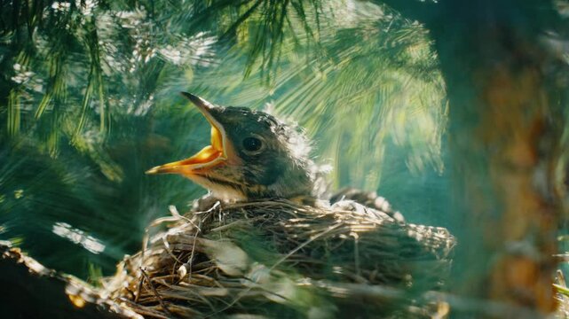 American robin baby bird chirping in nest
