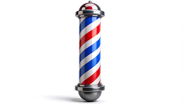 Classic barber pole with red white and blue stripes, chrome accents, isolated on white background, vintage barbershop symbol