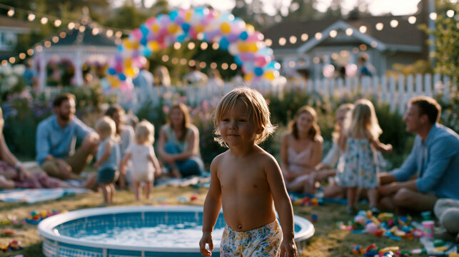 Summer backyard toddler birthday party with small paddling pool and scattered colorful toys on grass, tiny children toddling freely between adults legs, parents sitting on garden b