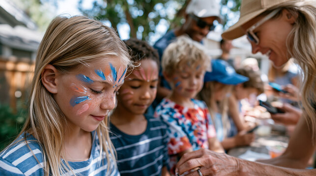 Summer backyard kids birthday party with face painting station and homemade lemonade stand, children queuing excitedly with painted cheeks, parents capturing candid moments on phon
