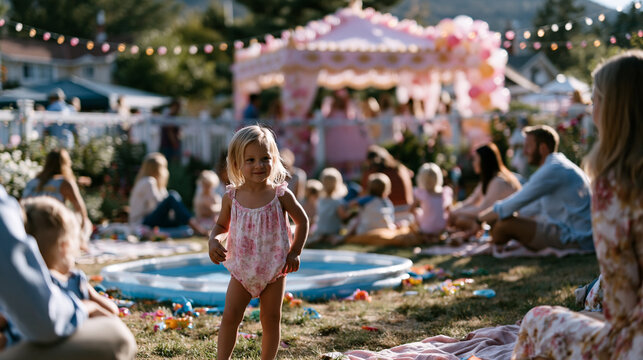 Summer backyard toddler birthday party with small paddling pool and scattered colorful toys on grass, tiny children toddling freely between adults legs, parents sitting on garden b