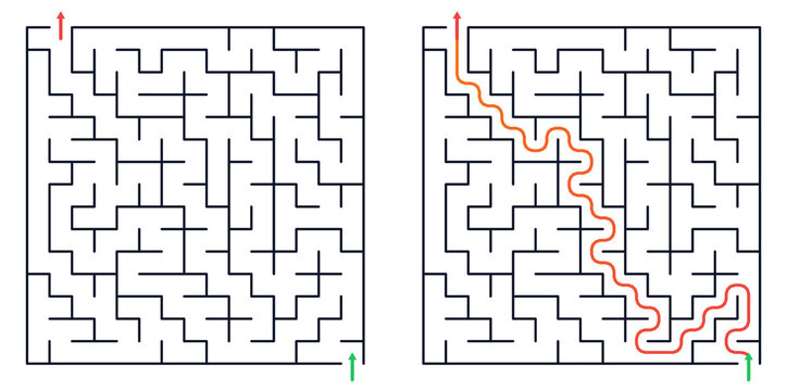 Simple maze design with solution path illustrated in two styles  