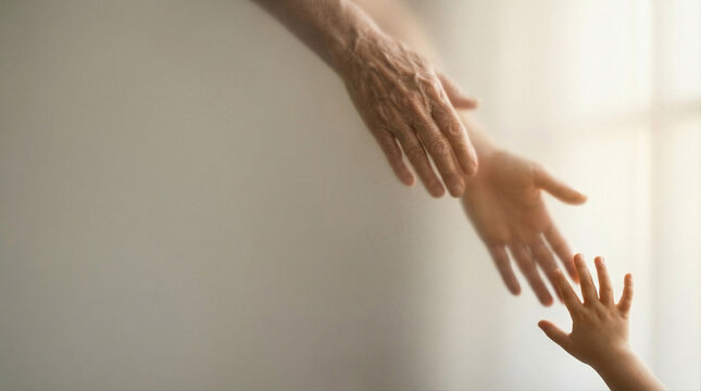 Hands reaching for connection generational support, gentle touch soft light.