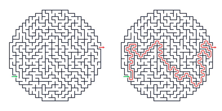 Circular maze with path solution illustrated in red line  