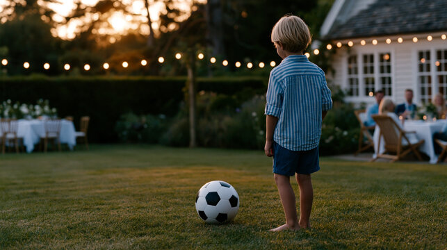 Summer backyard sports themed birthday party with improvised soccer goal on lawn and children playing barefoot on grass, adults cheering from garden chairs naturally, neighbor's la