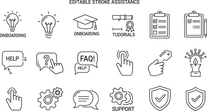Onboarding assistance tutorials support FAQ guidance editable stroke outline vector icon set for help center training interface and customer service