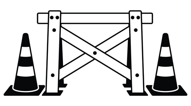 Construction road barrier and traffic cones silhouette for street safety and maintenance warning sign graphics.