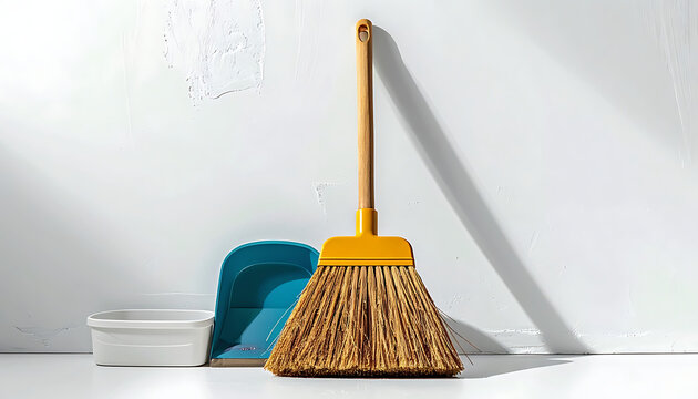 Broom and dustpan set for cleaning, domestic chores, household maintenance, and tidiness on a white background with soft light.