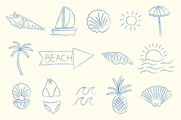 Obraz premium Vector set of hand-drawn beach and summer doodles isolated on light background. Blue ink line art illustration featuring sea shells, palm tree, sailboat, sun, umbrella, bikini, pineapple, and waves. 