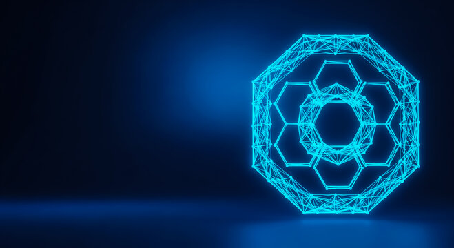 A vibrant, glowing geometric shape resembling a spherical lattice or molecule, set against a sleek, dark blue backdrop.