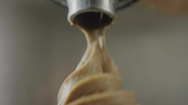 Creamy soft serve ice cream being dispensed from a metal machine into a waffle cone, showcasing the smooth texture and swirling motion of the dessert