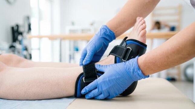 A physical therapist helps a patient with an ankle injury by fitting an ankle brace. The therapist uses gloves to ensure hygiene. The process occurs in a bright rehabilitation room