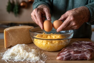 Fototapeta premium Elderly hands preparing ingredients for a delicious meal, adding eggs to a bowl of batter with cheese and bacon.