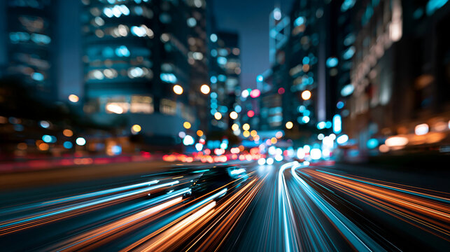 Abstract motion blur of a vibrant modern cityscape with dynamic streaking light trails from vehicles and architecture, the high-speed composition creating a compelling urban technology