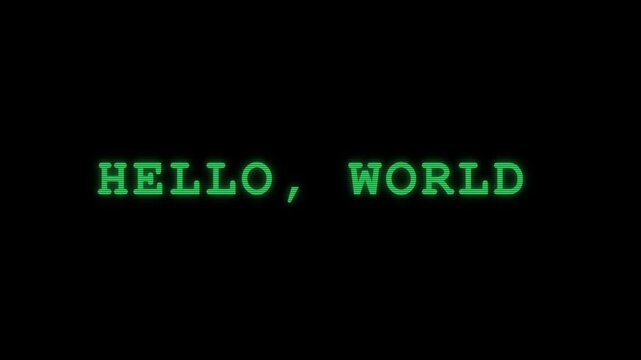 Hello World Retro Computer Green Text Message Displayed On Dark Terminal CRT Monitor Screen.