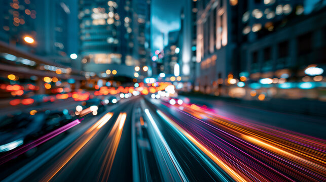 Abstract motion blur of a vibrant modern cityscape with dynamic streaking light trails from vehicles and architecture, the high-speed composition creating a compelling urban technology