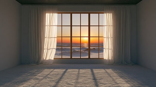 Empty room with large window framing ocean sunset, sunlight casting shadows