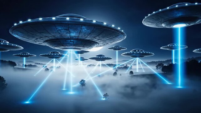 Alien Invasion Fleet of Classic Silver Flying Saucers Hovering Over Foggy Rural Landscape with Blue Scanning Beams