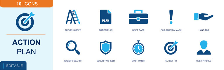 Action plan icon set. Containing ladder, plan document, briefcase, exclamation mark, hand tag, magnify search, security shield, stopwatch, target hit and more. Solid fill vector icons. © Master