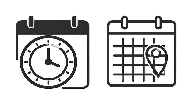 Calendar icons representing time management and scheduling, with a clock and a map pin for location planning, vector illustration