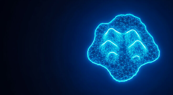 A futuristic, glowing blue brain structure on a dark background, representing technology and AI concepts.