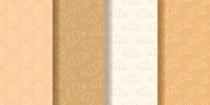Hand drawn croissant seamless pattern set. Traditional French breakfast pastries. Collection of prints featuring fluffy fresh buns, vector graphics
