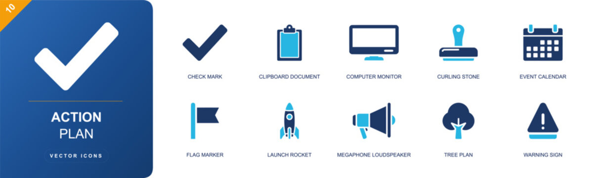 Action plan icon set. Containing check mark, clipboard document, computer monitor, calendar, flag marker, rocket launch, megaphone, warning sign and more. Solid fill vector icons.