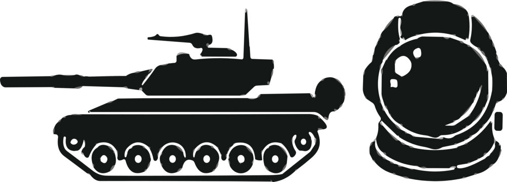 Black silhouette of military tank and astronaut helmet, isolated on white background, army war and space exploration vector illustration, eps10.