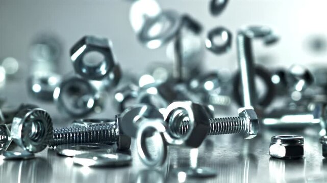 Fasteners raining onto reflective bench, softfocus foreground Filmed on a high-speed camera at 1000 fps.