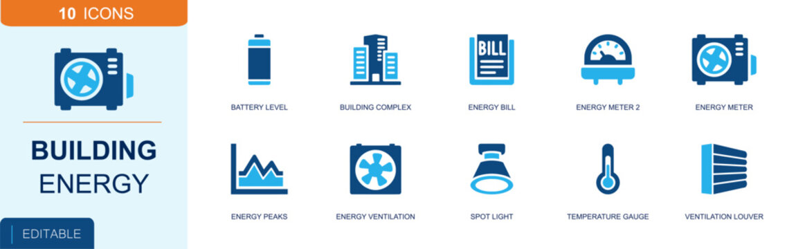 Building energy management icon set. Containing battery level, building complex, energy bill, meter, ventilation, spotlight, thermometer, louver, chart and more. Solid fill vector icons.